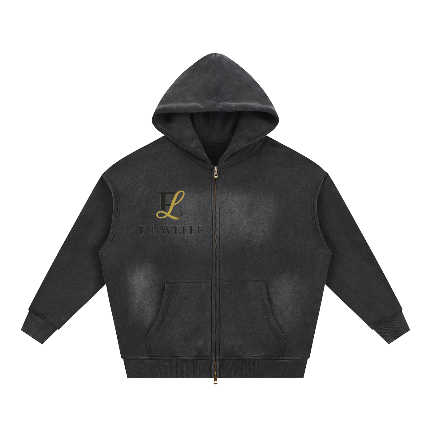 Sunfade Two-way Zipper Boxy Fleece Hoodie Black & Gold Logo