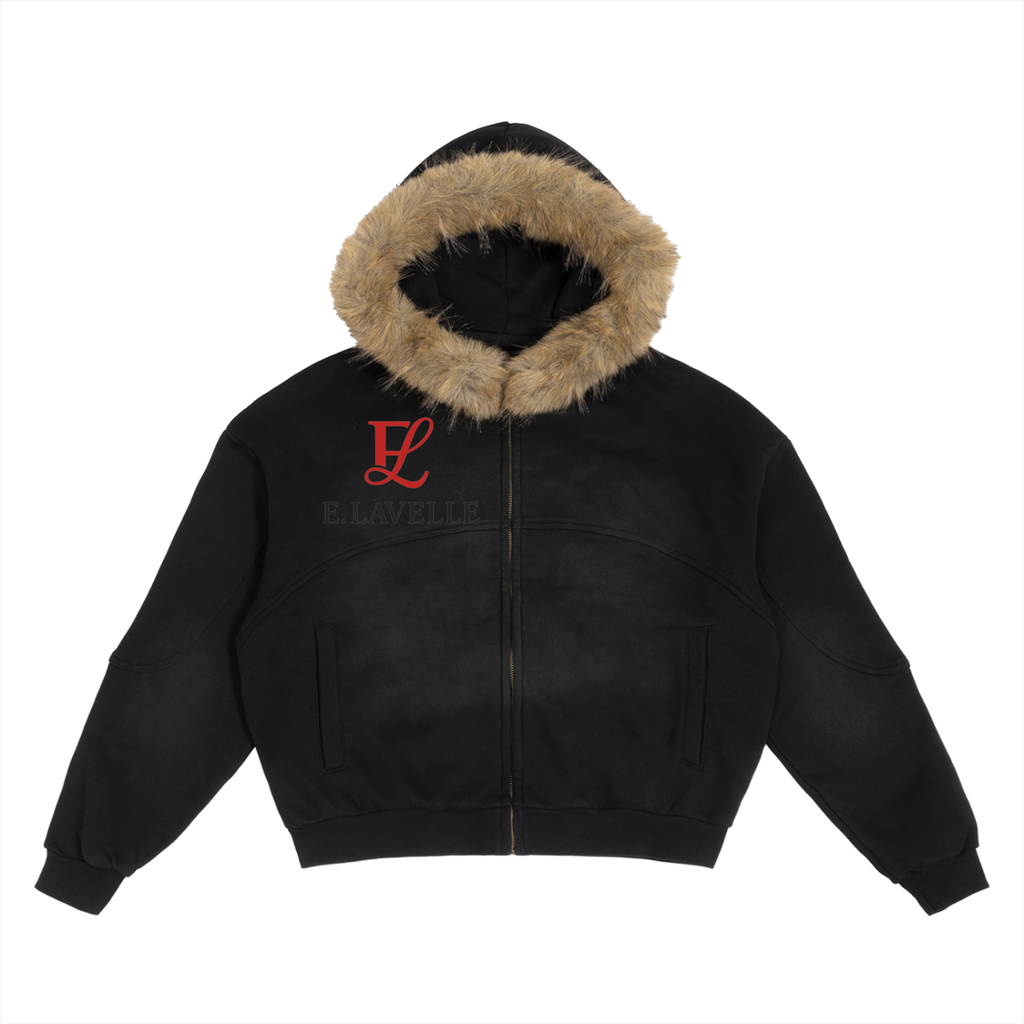 ELavelle Sun Fade Boxy Detachable Fur Hoodie Red Logo