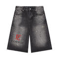 Men’s Vintage Wash Wide Leg Denim Shorts Red Logo