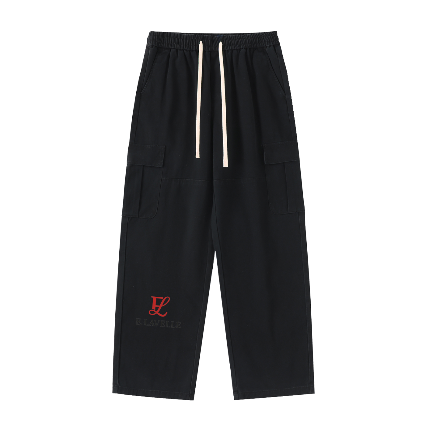 Elavelle Drawstring Waist Straight-Leg Cargo Pants Red Logo