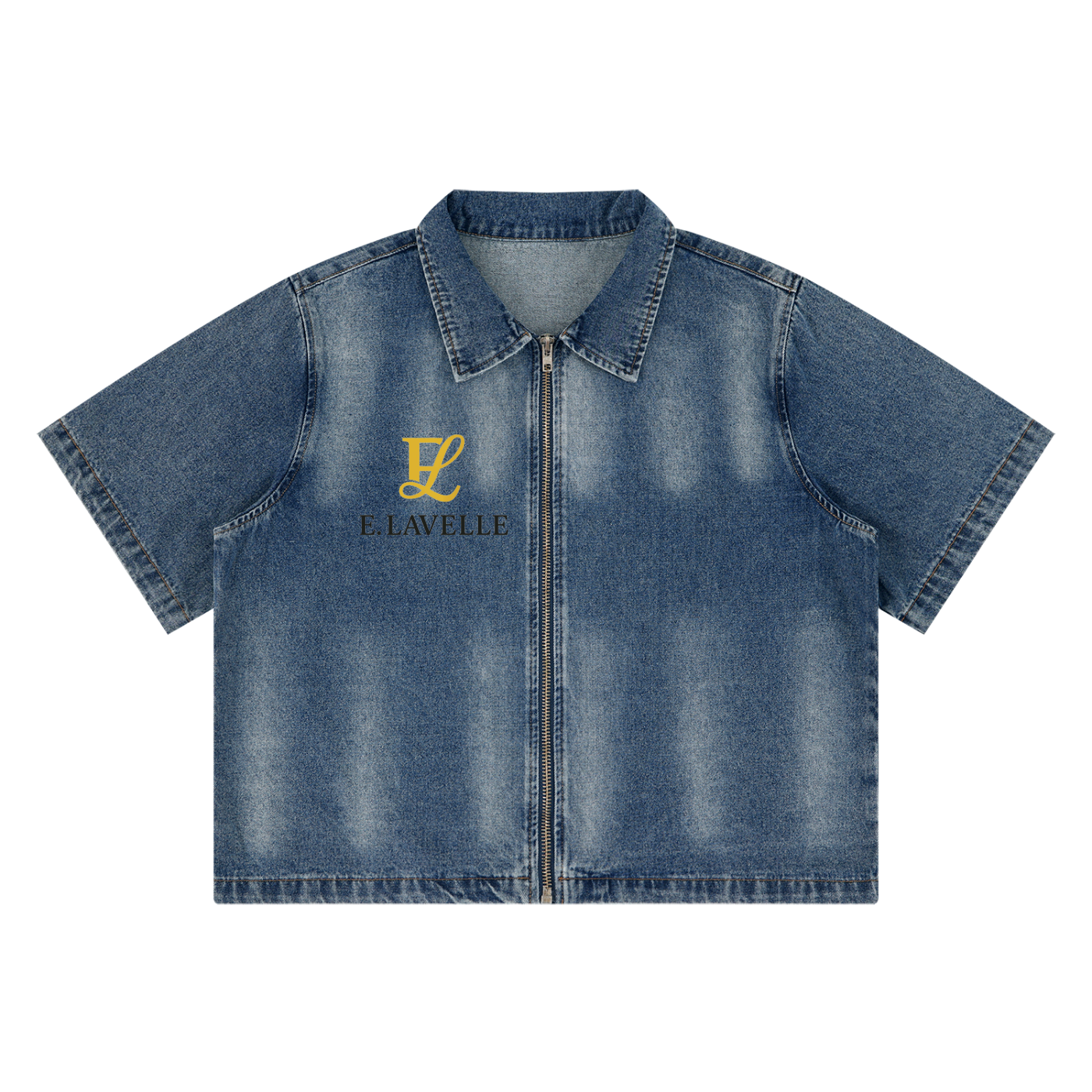 Unisex Vintage Washed Full-Zip Denim Shirt Gold Logo