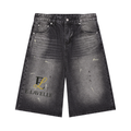 Men’s Vintage Wash Wide Leg Denim Shorts Black & Gold Logo
