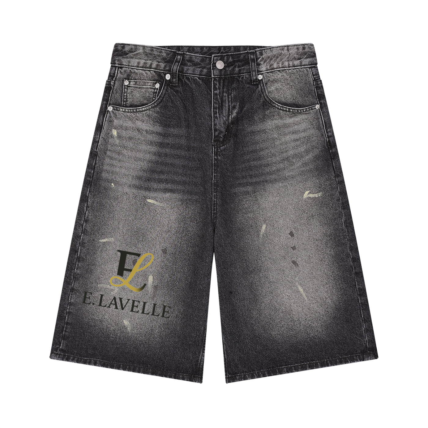 Men’s Vintage Wash Wide Leg Denim Shorts Black & Gold Logo