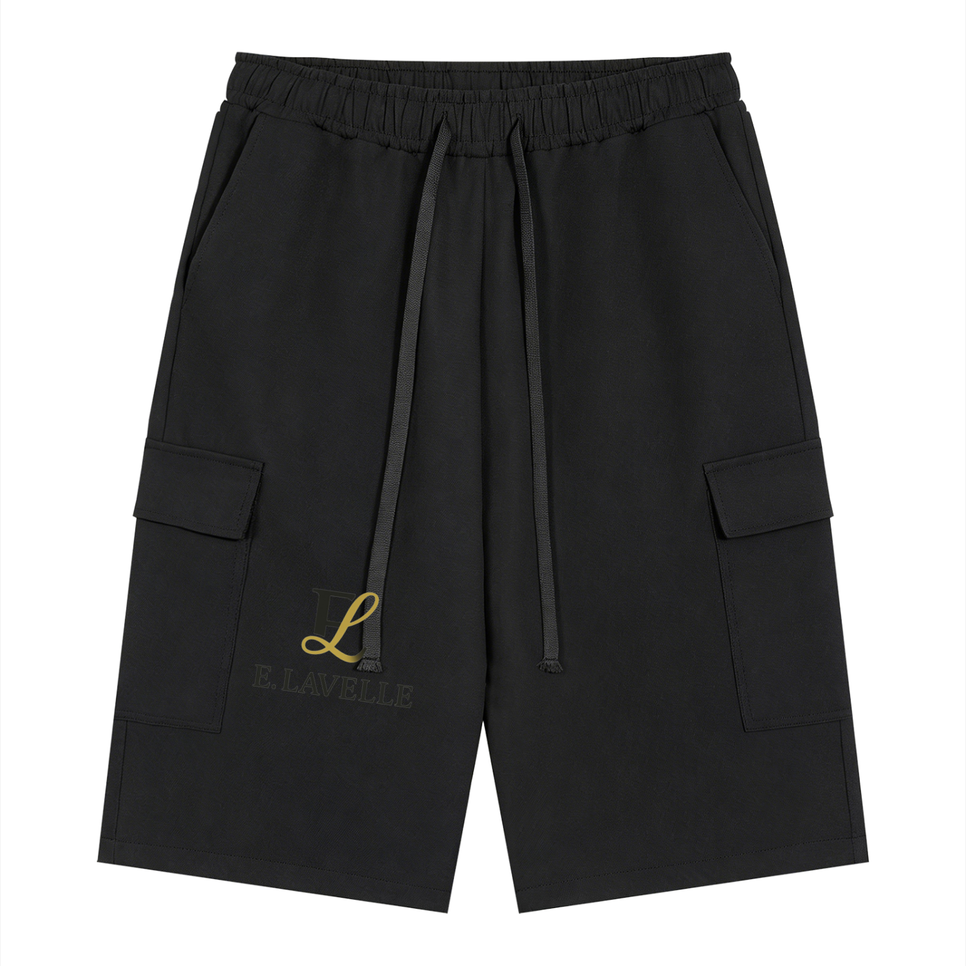 ELavelle Unisex Drawstring Cargo Shorts Black & Gold Logo