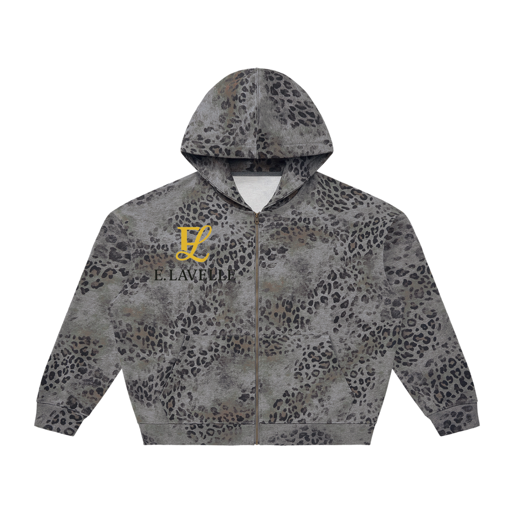 Unisex Vintage Wash Leopard Full Zip Hoodie Gold Logo
