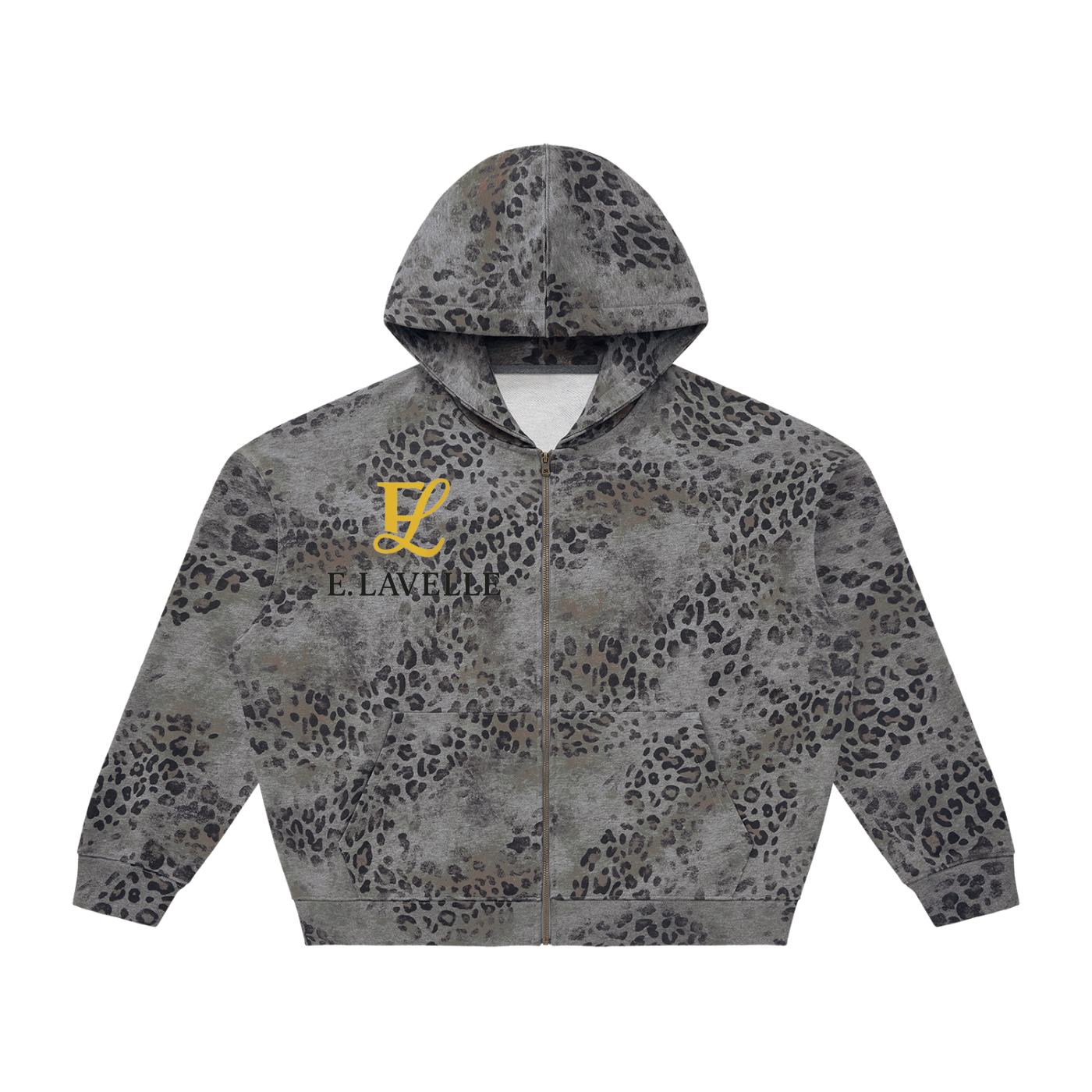 Unisex Vintage Wash Leopard Full Zip Hoodie Gold Logo