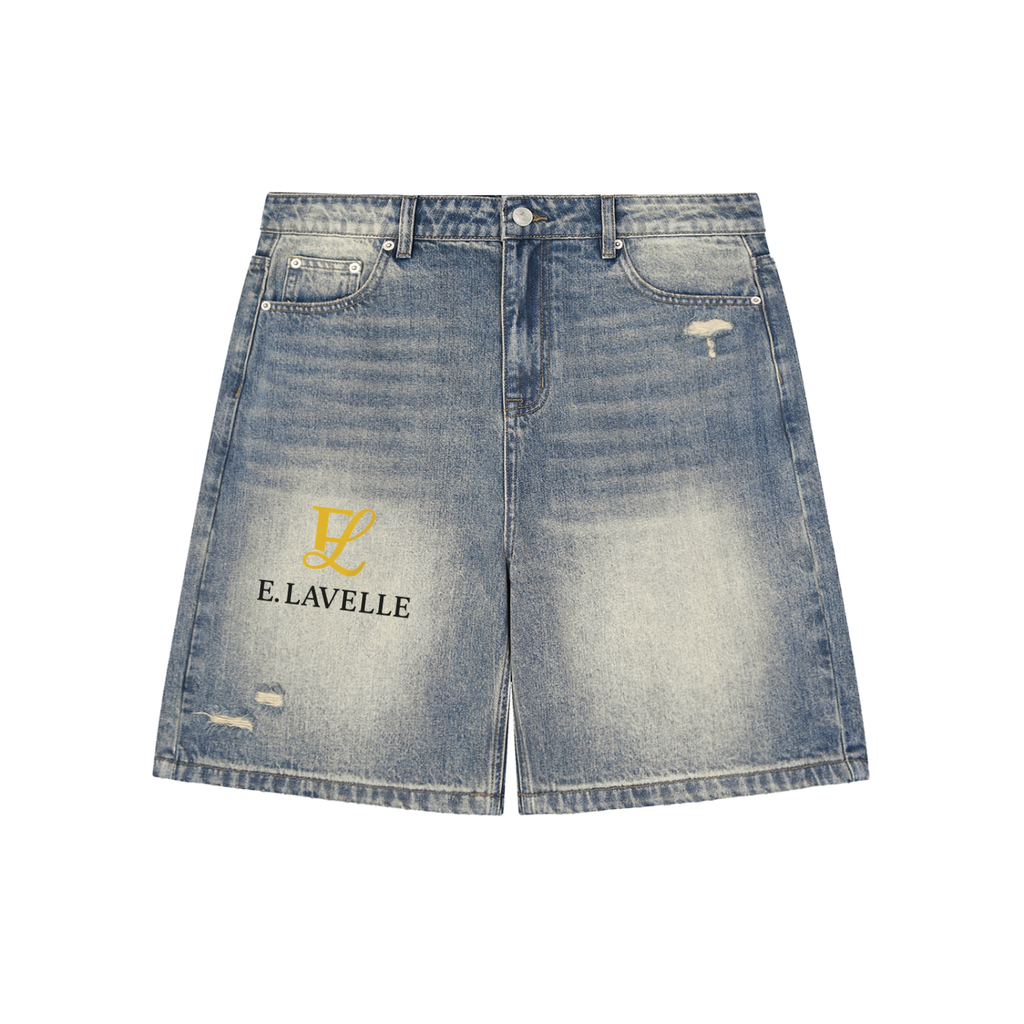 Faded Distressed Baggy Denim Shorts Gold Logo