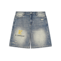 Faded Distressed Baggy Denim Shorts Gold Logo