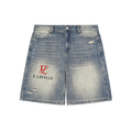 Faded Distressed Baggy Denim Shorts Red Logo
