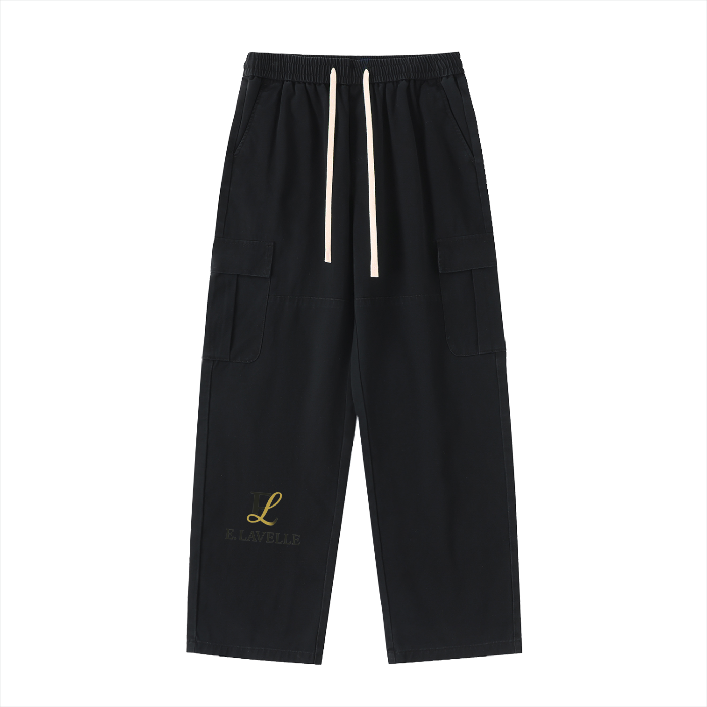 ELavelle Drawstring Waist Straight-Leg Cargo Pants Black & Gold Logo