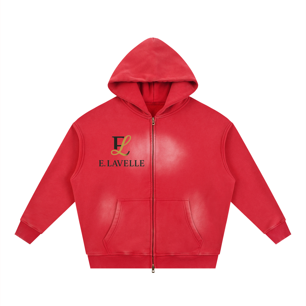 Sunfade Two-way Zipper Boxy Fleece Hoodie Black & Gold Logo
