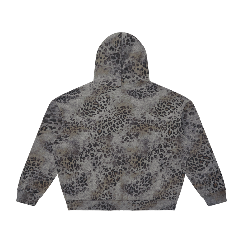 Unisex Vintage Wash Leopard Full Zip Hoodie Black & Gold Logo