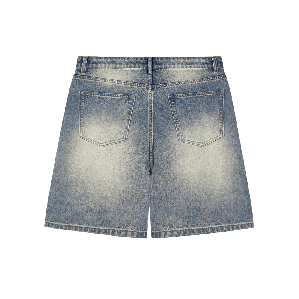 Faded Distressed Baggy Denim Shorts Gold Logo