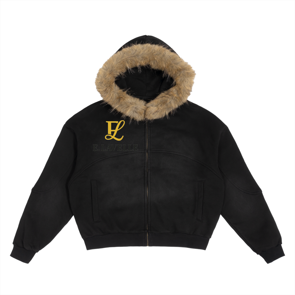 ELavelle Sun Fade Boxy Detachable Fur Hoodie Gold Logo