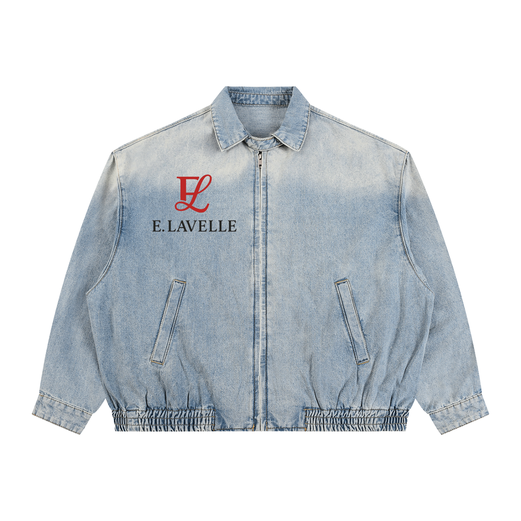 Unisex Vintage Wash Full-Zip Denim Jacket Red Logo