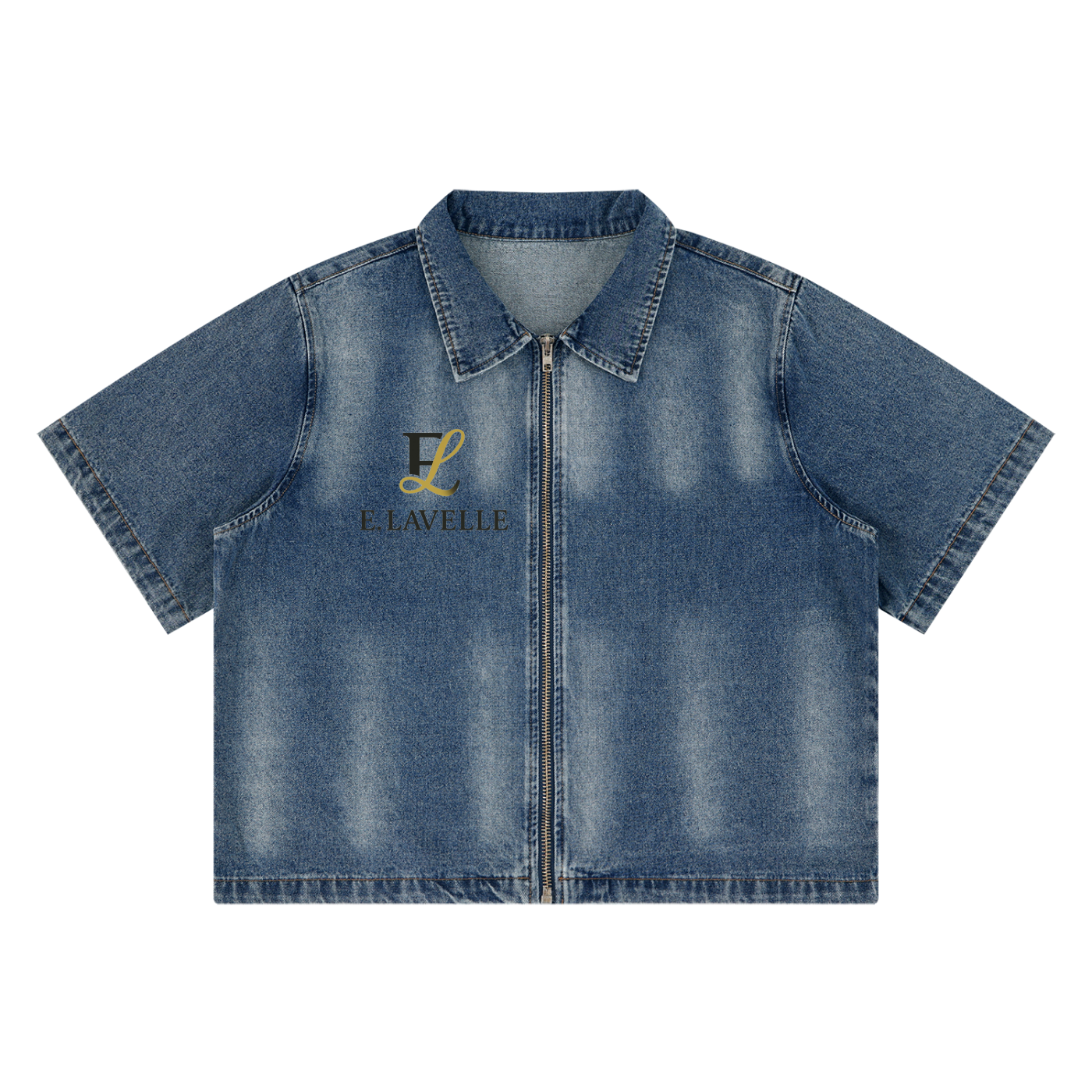 Unisex Vintage Washed Full-Zip Denim Shirt Black & Gold Logo