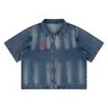 Unisex Vintage Washed Full-Zip Denim Shirt Red Logo