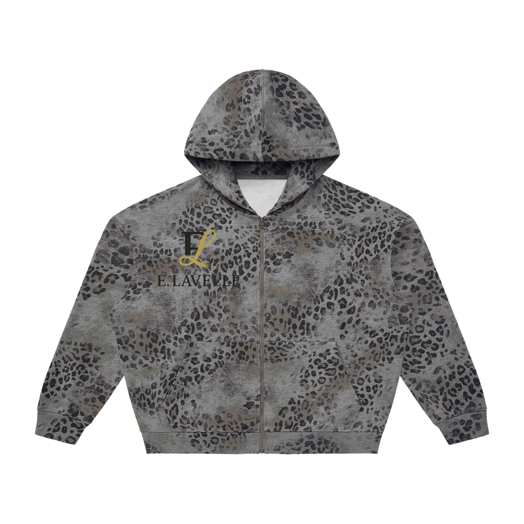 Unisex Vintage Wash Leopard Full Zip Hoodie Black & Gold Logo